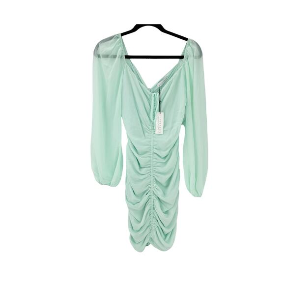 Flynn Skye Mint Green Ruched Mina Mini Dress Puff Sleeve Small NWT - Picture 7 of 12